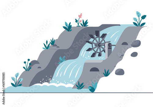 A stylized illustration depicts a water wheel powering a stream, symbolizing growth and technological advancement. A vibrant, modern design with natural elements.