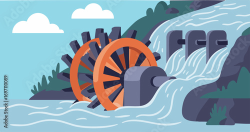stylized illustration depicts a water wheel powering a stream symbolizing growth and smart technology Modern vibrant colors and a clear composition make it ideal for digital marketing
