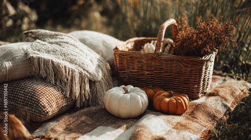 Autumn picnic setup with pumpkins gourds and a wicker basket on a plaid blanket outdoors