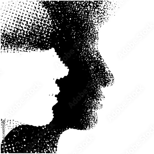 Vector Abstract portrait of a mans profile dissolving into particles.