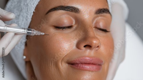 Middle-age Caucasian woman with eyes closed about to receive botox injection, anti-aging concept