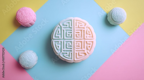 Pastel mooncakes featuring intricate patterns arranged on a geometric colored background