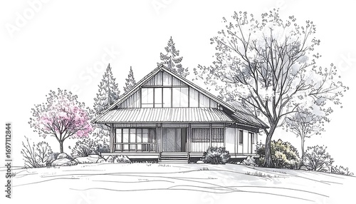 Sketch of a traditional Japanese house nestled in a landscape