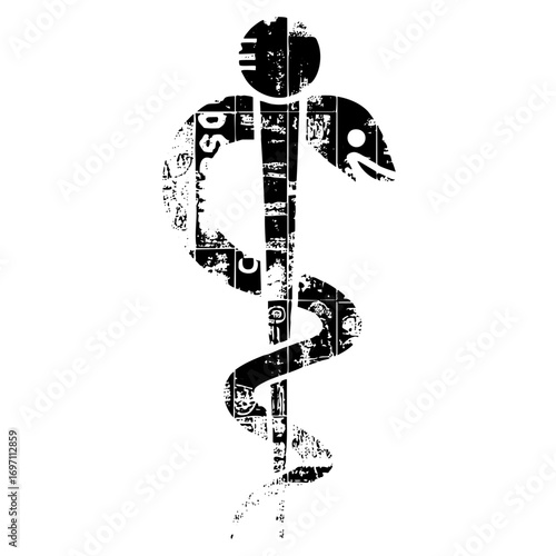 Vector Monochrome medical symbol featuring a staff entwined with a serpent.