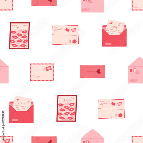 Seamless love mail background with flat envelope and heart card style pattern. Romantic postcard, message and note pattern. Love mail postcard create creative flat seamless background, ideal for