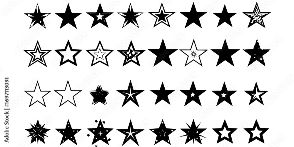 Naklejka premium Star Illustrations Set | Black and White Star Designs, Grunge Retro Star Vector Pack, Geometric Star Icons, Decorative Star Clipart Collection