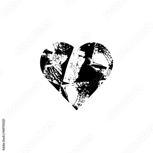 Vector Fragmented black heart depicts heartbreak and separation.
