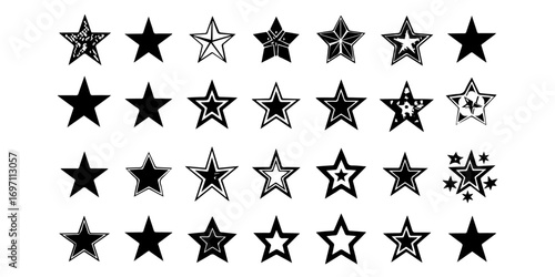 Star Illustrations Set. Black and White Star Designs, Grunge Retro Star Vector Pack, Geometric Star Icons, Decorative Star Clipart Collection