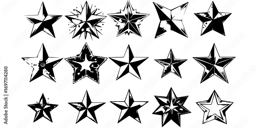 Fototapeta premium Set of black star icons and starburst shapes on white background. Collection of various decorative stars in different outlines and fills. Geometric celestial illustration elements.