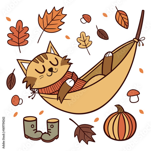 An adorable Maine Coon with a Peaceful vibe, in a hammock, and a Autumn Leaves Autumn theme – SVG style