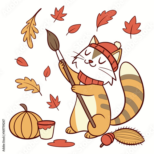 Playful Sleepy Maine Coon design, styled with holding a paintbrush and Autumn Leaves shades in a Autumn setting