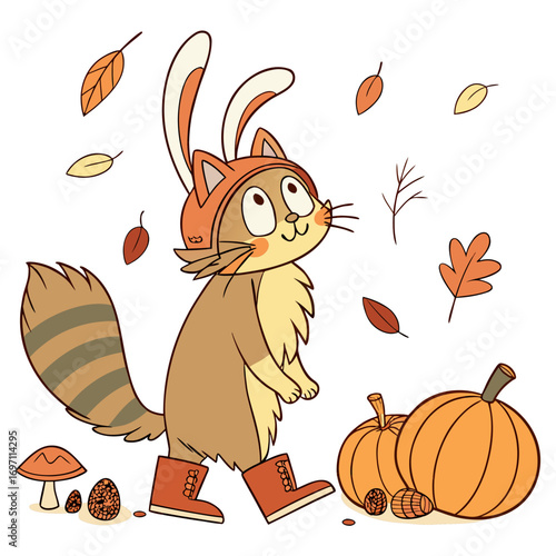 Playful Joyful Maine Coon design, styled with wearing bunny slippers and Autumn Leaves shades in a Autumn setting