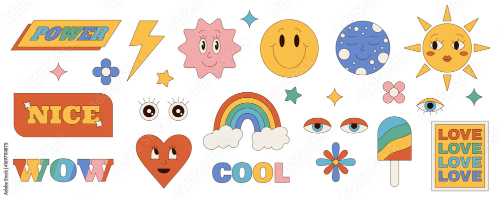 Fototapeta premium Groovy retro cartoon sticker set in colorful y2k style. Fun smiley, rainbow and heart with sun as groovy element add playful retro vibe. Unique set for creative and fun sticker projects.