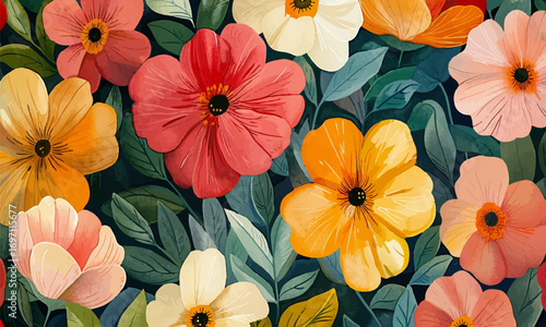 Wallpaper Mural Seamless floral patterns with colorful flowers and green leaves. Botanical illustration set with multiple variations on light and dark backgrounds. Decorative textile and fabric template. Torontodigital.ca