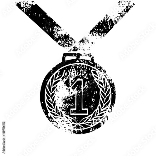 Vector Distressed first place medal with ribbon.