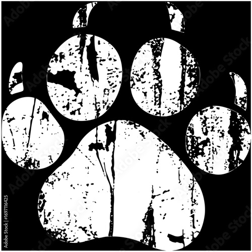 Vector Distressed paw print features a bold animal track.