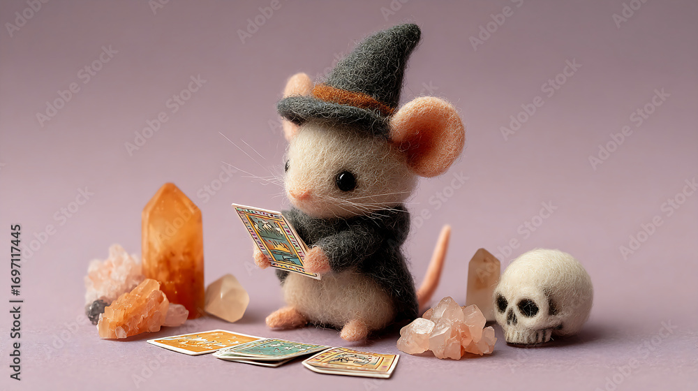 Fototapeta premium Felt Mouse Witch with Tarot Cards, Crystals, and Skull on Purple Background