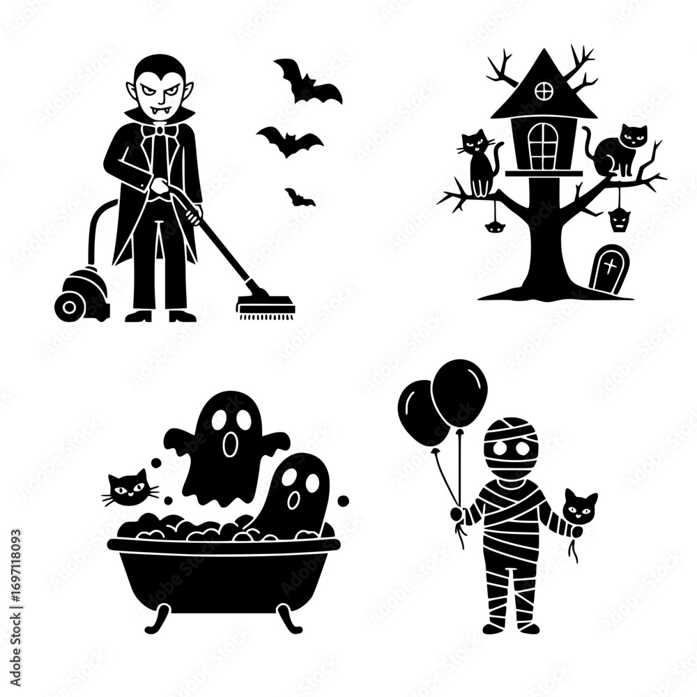 Fototapeta premium Cozy Halloween themed vector illustration set with vampire, ghosts, and spooky tree 