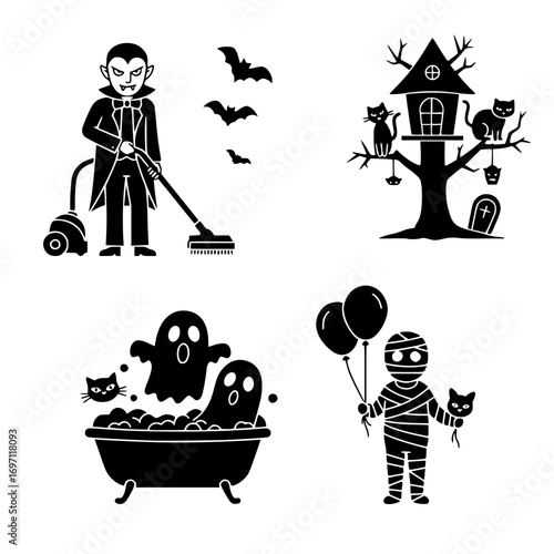 Cozy Halloween themed vector illustration set with vampire, ghosts, and spooky tree  