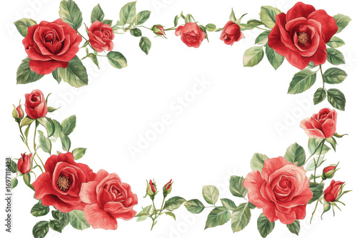 Vintage red roses border frame isolated on transparent background. Frame of luxurious red roses in full bloom with soft petals and green leaves isolated on white background.