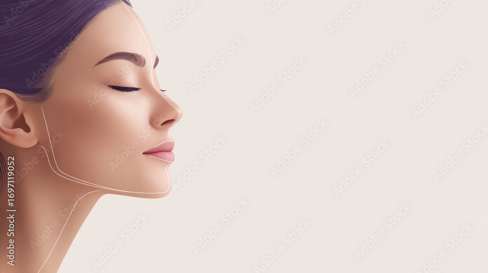 Naklejka premium Profile of young caucasian female with calm expression and elegant lines on soft background