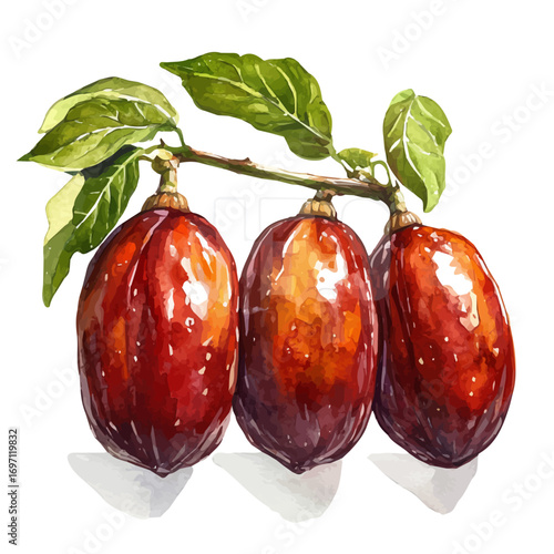 Jujube, watercolor vector, isolated on a white background.