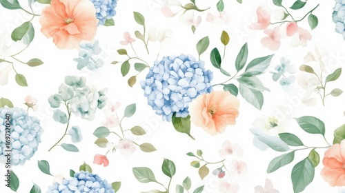 Seamless Watercolor Floral Border with Hydrangea, Myosotis, Rose, Flowers with Leaves on White Background, Fashion, Fabric Patterns, Wallpapers, Prints, Wedding invitations, clipart