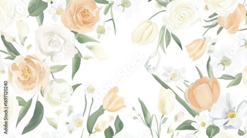 Seamless Watercolor Floral Border with Hydrangea, Myosotis, Rose, Flowers with Leaves on White Background, Fashion, Fabric Patterns, Wallpapers, Prints, Wedding invitations, clipart