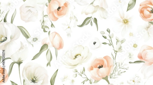Seamless Watercolor Floral Border with Hydrangea, Myosotis, Rose, Flowers with Leaves on White Background, Fashion, Fabric Patterns, Wallpapers, Prints, Wedding invitations, clipart