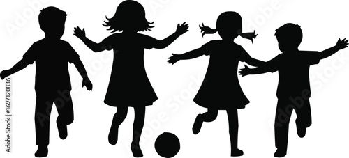Silhouette of Happy Children Playing with Ball OutdoorsSilhouette of Happy Children Playing with Ball Outdoors