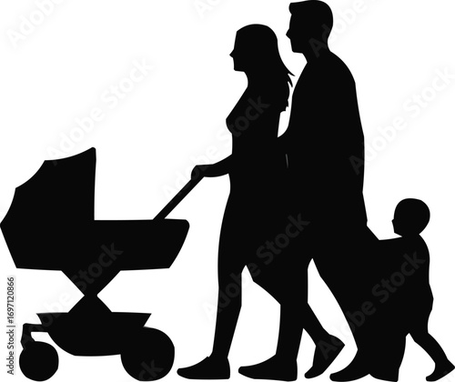 Silhouette of a Family Walking with Baby StrollerSilhouette of a Family Walking with Baby Stroller