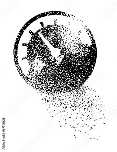 Vector Deconstructed clock with scattered elements represents time decay.