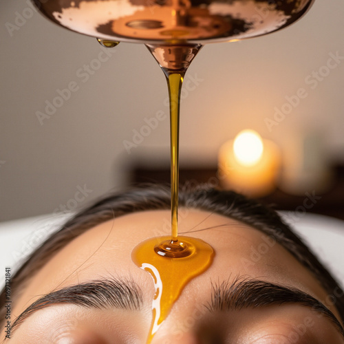 Ayurveda/ Shirodhara Treatment A steady, warm stream of herbal oil is poured from a copper vessel onto a person's forehead