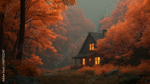 Cozy autumn house in colorful fall forest with glowing windows