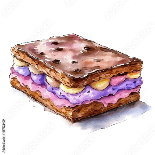 Ice Cream Sandwich, watercolor vector, isolated on a white background.