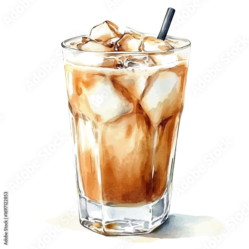 Iced Coffee, watercolor clipart vector, isolated on a white background.