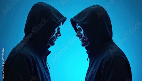 Two anonymous hooded figures with cyber masks stare down under neon blue light. Symmetrical composition suggests digital doppelgangers in confrontation of mystery, technology. Futuristic duality,