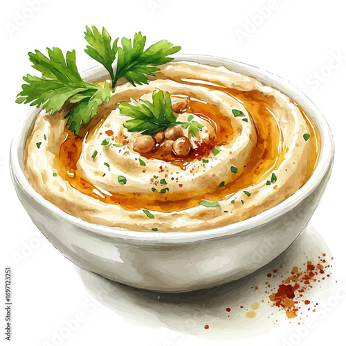 watercolor vector of Hummus, isolated on a white background.