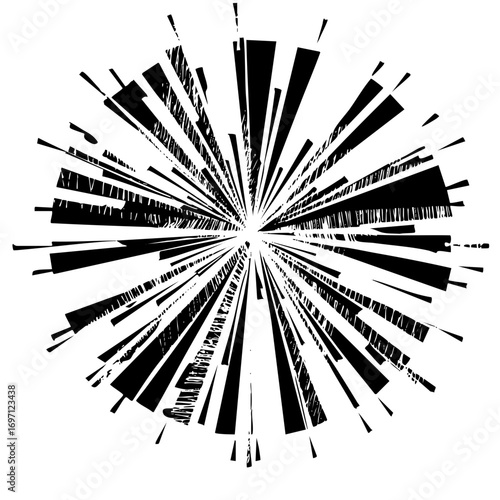Vector Dynamic radial burst of fragmented black lines creates an energetic explosion effect.