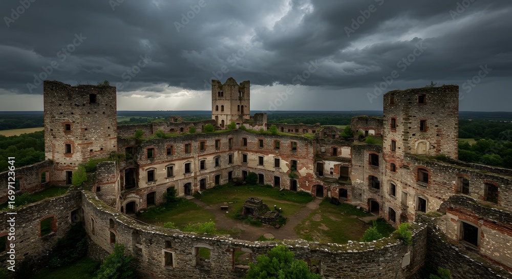 Obraz premium Dramatic View of Ancient Castle Ruins Under a Stormy Sky