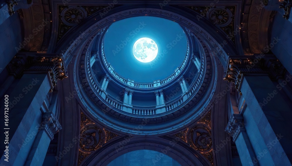 Obraz premium Intricate ceiling details bathed in the soft glow of moonlight, creating a serene and ethereal nighttime scene Perfect for interior design, architecture, or fantasy themes , classic, intricate, calm