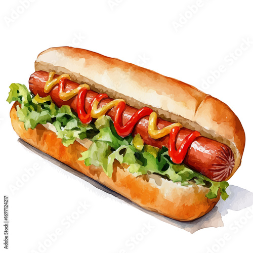 Hot Dog, watercolor illustration vector, isolated on a white background.