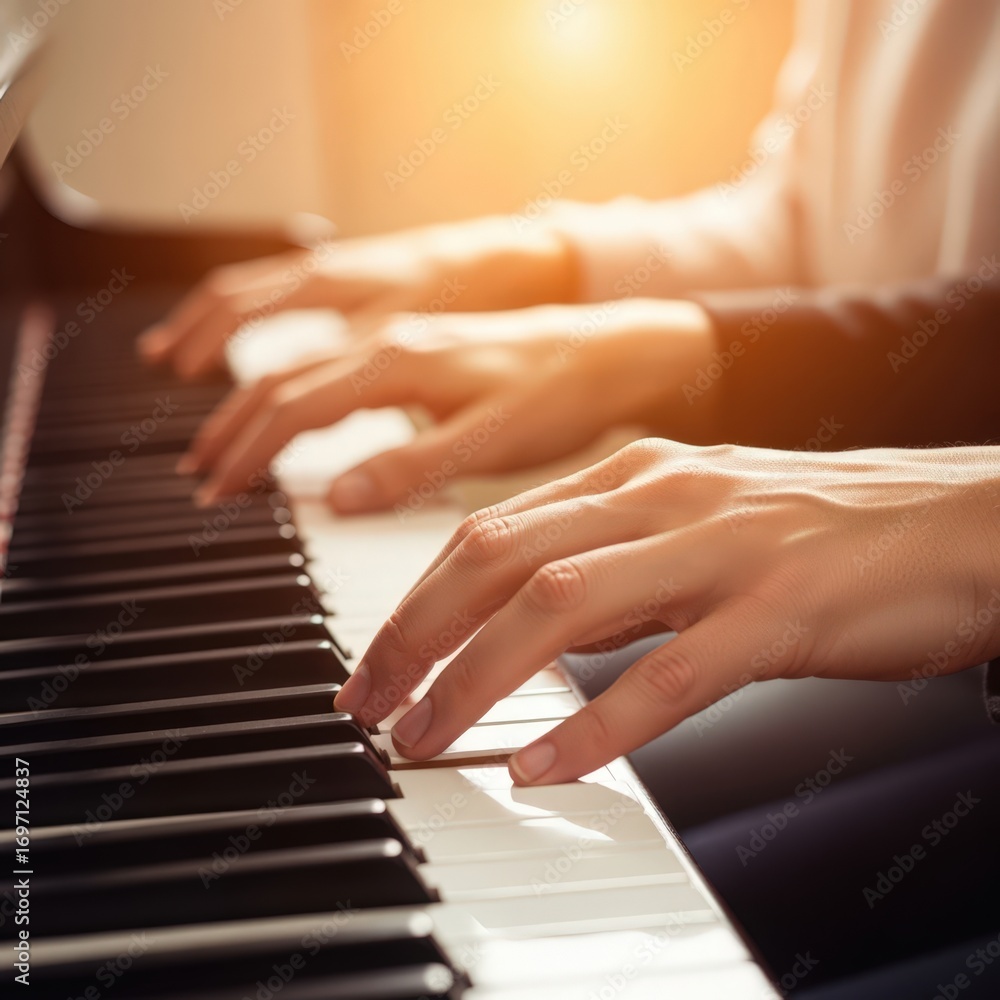 Obraz premium Harmonious hands playing piano keys with warm light