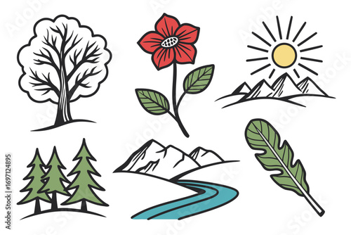 Nature icons with tree, flower and mountain