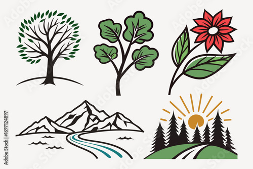 Nature icons with tree, flower and mountain