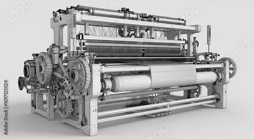 Wireframe Loom: Detailed Technical Illustration of a Textile Weaving Machine