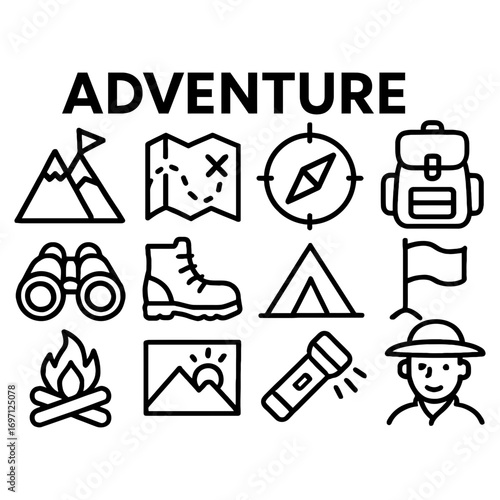 Minimalist Outline Adventure Travel Icon Element Collection for Camping and Hiking