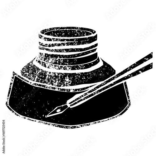 Vector Vintage inkwell and pen in monochrome style.