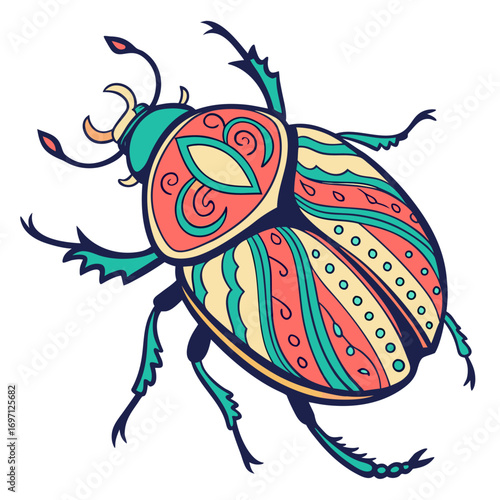 Colorful scarab beetle illustration, hand drawn style