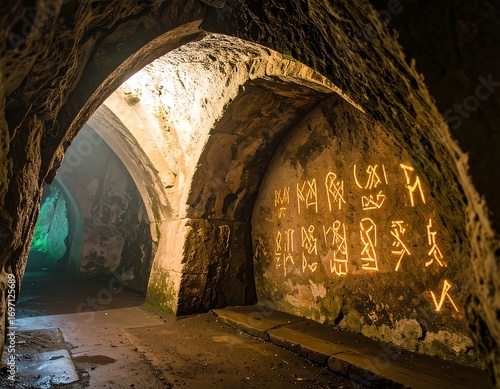 Mysterious ancient chamber illuminated with ethereal light and hieroglyphs